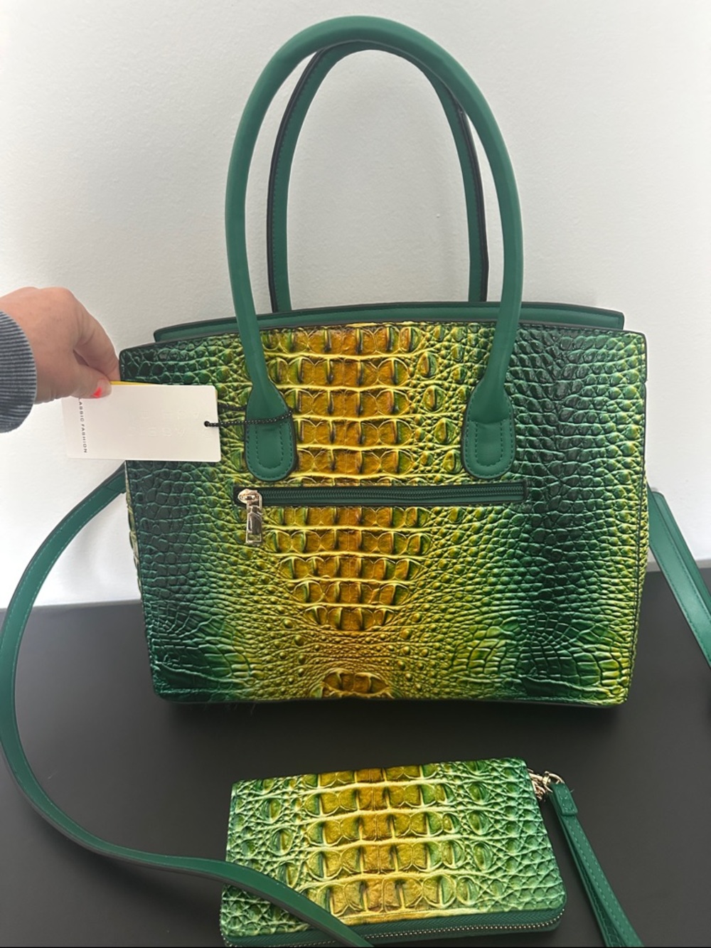 Green & Yellow Croc-Embossed Satchel with Detachable Strap - Picture 11 of 13